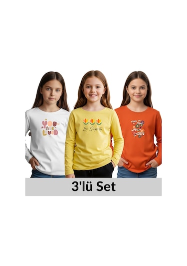 3'lü Yuvarlak Yaka Baskı Detaylı Kız Çocuk Sweatshirt Çok Renkli