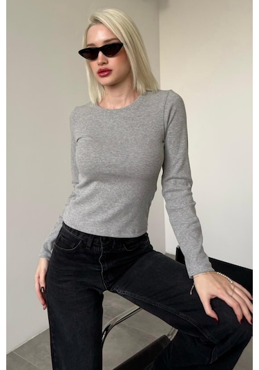 Madmext Gri Bisiklet Yaka Slim Fit Kadın Body Mg2564 Gri