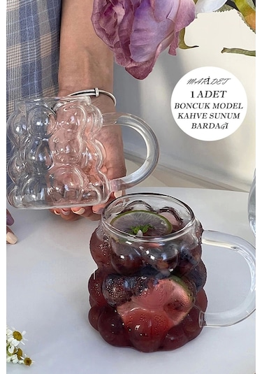 1 Adet Boncuk & Üzüm Şekilli Isıya Dayanıklı Borosilikat Kahve Sunum Bardağı
