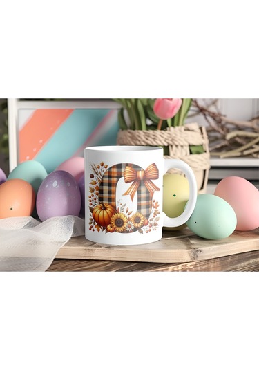 O Harfi Ekose Ve Sonbahar Temalı Kupa Bardak - Kişiye Özel Sıcak Tonlar Alfabe Kupa - Hediye Beyaz