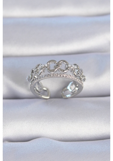 Pirinç Gümüş Renk Zirkon Taşlı İnci Detay Kadın Yüzük - Ebj241012w28576 Bakır