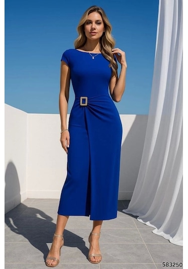 Kadın Sandy Kumaş Metal Toka Detaylı Midi Boy Elbise Saks