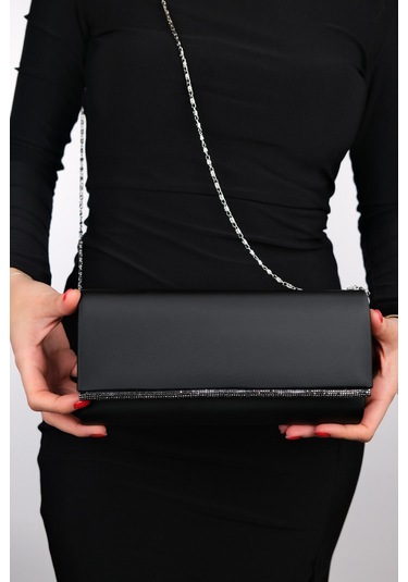 Marıa Siyah Saten Platin Taşlı Kadın Abiye Çanta Siyah