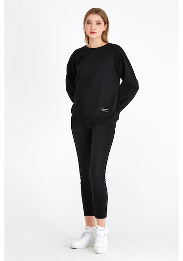 Comeor Kadın Siyah Basic Bisiklet Yaka Regular Fit Rahat Sweatshirt 001