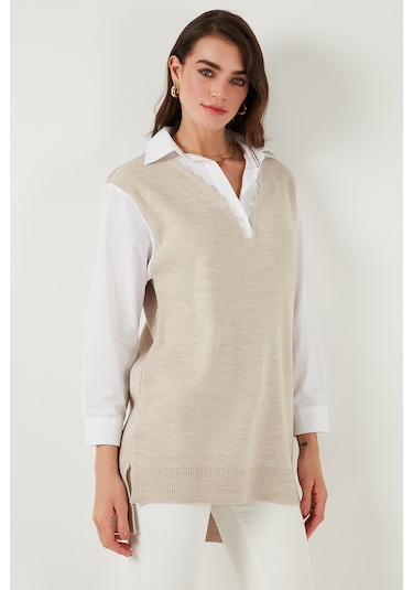 Lela Modest Standart Fit Gömlek Yaka Tesettür Triko Bayan Tunik 4612148 Bej