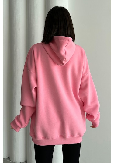 Kadın Pembe Charlie Luciano Baskılı Oversize Kapüşonlu Sweatshirt Pembe