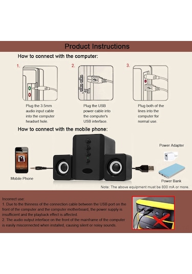 Yifomall D-202 Bt 4.2 Kablolu Hoparlör Seti, 3.5mm Bağlantı, 10m Mesafe, 3w Güç, Bilgisayar/ Telefon İçin Siyah
