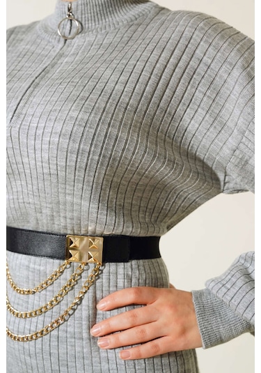 Bigdart 15900 Boydan Tesettür Triko Elbise - Gri