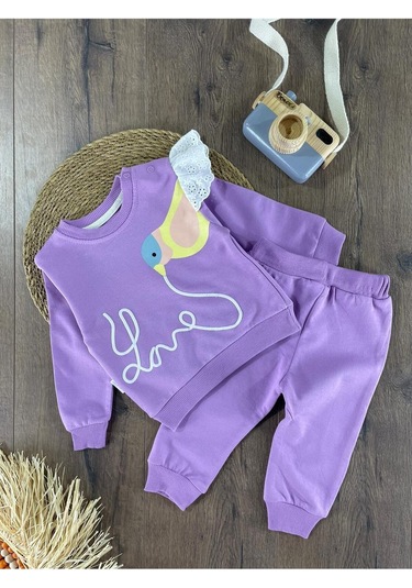 Omuzda Dantel Detaylı Kuş Baskılı Takım Mor