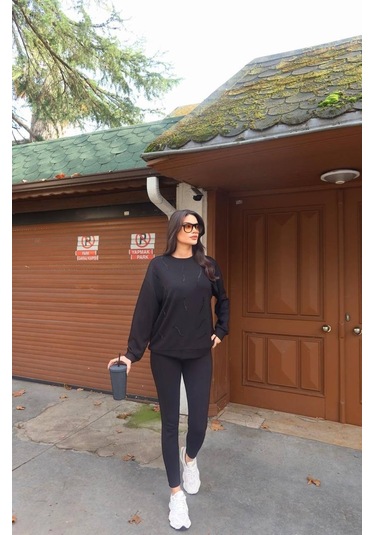 Cemo Günlük Uzun Kollu Bisiklet Yaka Basic Bluz/sweatshirt Siyah