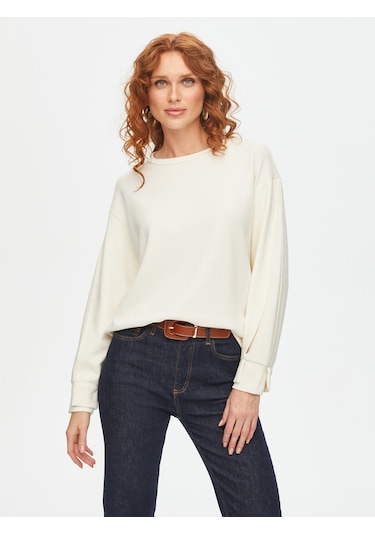 Relax Kolu Kontrast Garnili Modallı Sweatshirt 69757 U6975773 Ekru