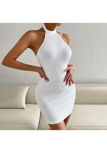 Hnxc Kadın Moda Yaz Bahar Düz Renk Baskı Kolsuz Yüksek Bel Günlük Elbiseler Beyaz