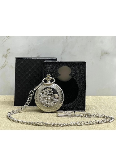 Özel Kutulu Tren Temali Gümüş Köstekli Saat Alk4675