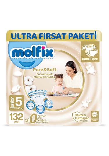 Molfix Pure&Soft Bebek Bezi 5 Numara Junior Ultra Fırsat Paketi 132 Adet  Fiyatları ve Özellikleri