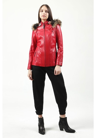Dericlub Yb-2096 Kapşonlu Gerçek Deri Kadın Kaban Kırmızı