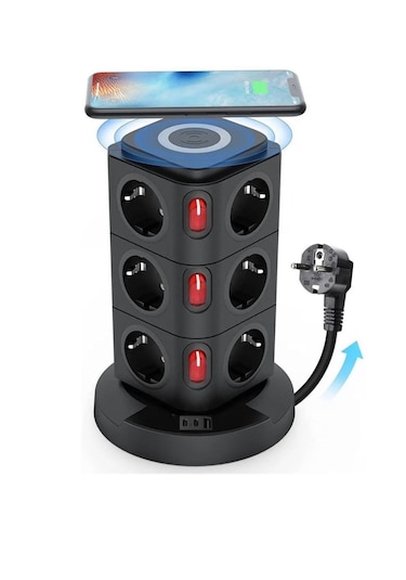 Yeni Akım Korumalı 2.4a Kule Priz Kablosuz Şarj Istasyonu 12x Soketli 2 Type-c 1x Usb Çıkışı 0.2 M