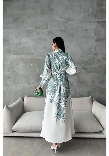 Dipmoda Kadın Kemerli Uzun Desenli Gömlek Elbise Dpms4220 Yeşil