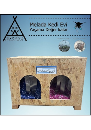Melada Kedi Evi Dış Ortam Uygun Ahşap Kedi Evi Double Osb Minderli 61x41x36 Cm