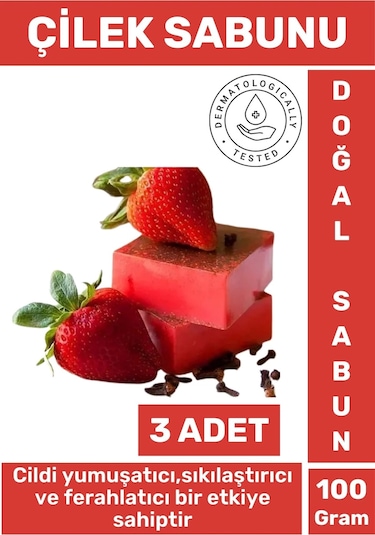 Doğal Güzel Kokulu Cilt Yumuşatıcı Ferahlatıcı Lekeli Kuru Cilt İçin Organik Çilek Sabunu 3 Adet