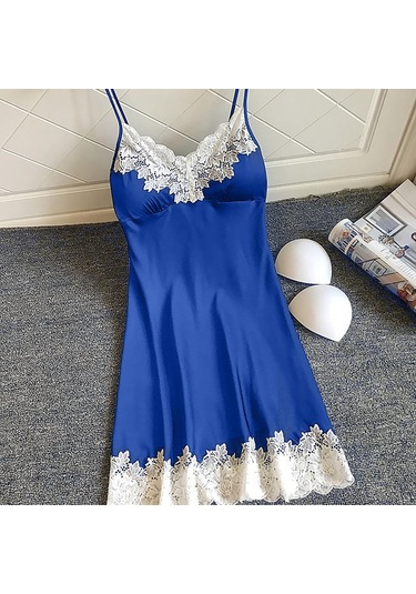 Saten Pijamalar Kadın Bayan Kıyafeti Gecelik Seksi İç Çamaşırı Göğüs Pedleri İle Mavi