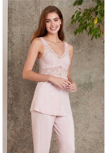 Pierre Cardin Dantelli Sabahlıklı Penye Pijama Takımı Pudra 001