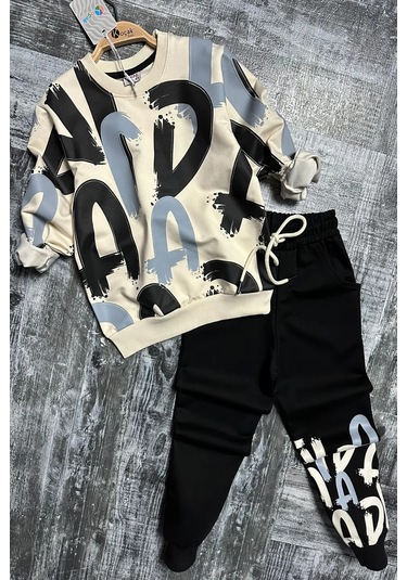 Harf Desenli Siyah Renk Erkek Çocuk Eşofman Takım Siyah