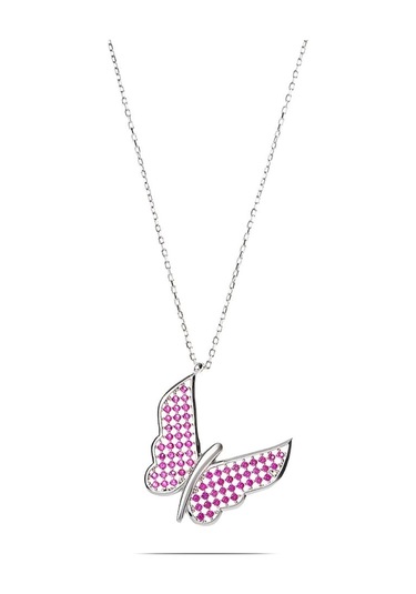 Fuşya Zirkon Taşlı Zarif Tasarım 925 Ayar Gümüş Kelebek Kolye (459601727)