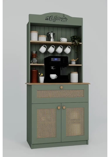 Lucas 2 Kapaklı Çekmeceli Pvc Hasır Desen Kahve Köşesi & Çok Amaçlı Mutfak Dolabı-açık Ceviz & Yeşil Yeşil