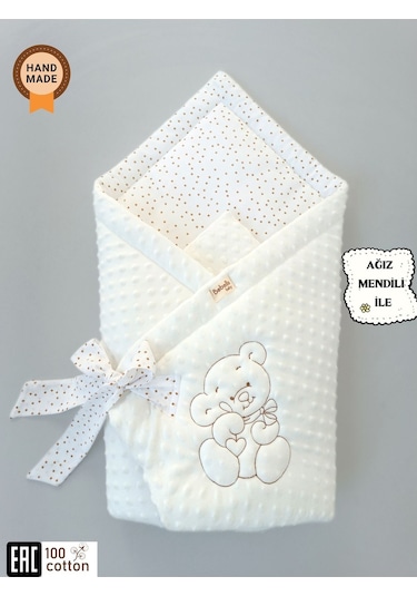 Nohut Bebek Battaniyesi & Kundağı Ayıcık İşlemeli Hastane Çıkışı Yenidoğan Örtü / Yorgan Ekru