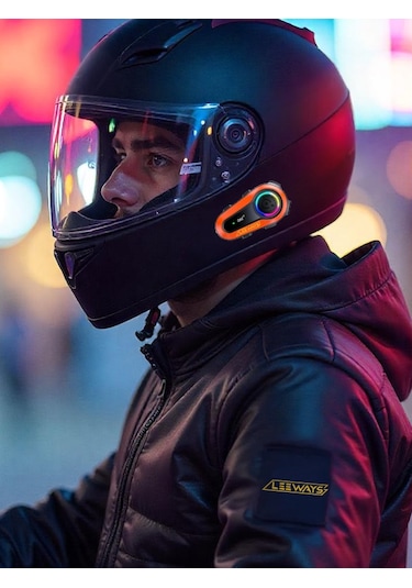 Leeways Q08 2x 1000m Telsiz Mesafeli Özellikli 2 Kişi Bağlantılı Bluetooth Kask Kulaklık Ekranlı Fenerli Interkom