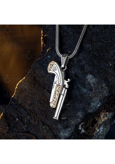 925 Ayar Gümüş Avcı Silahı Tasarım Açılır Kapanır Erkek Kolye Gümüş