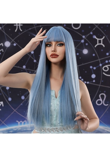 Mavi Uzun Düz Saç Kaküllü Peruk Yumuşak Ve Rüya Gibi Kadın Peruk Sentetik Peruk Doğal Alabilir Isıya Peruk Kaynak Çıtçıt 58638774