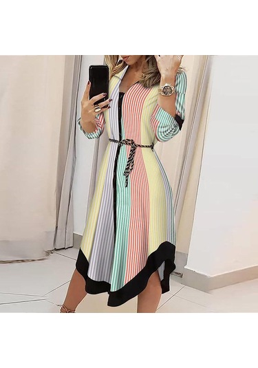 İlkbahar Ve Sonbahar Kadın Elbise Midi Baskılı Ekose Yaka Kravat Elbiseler Çok Renkli