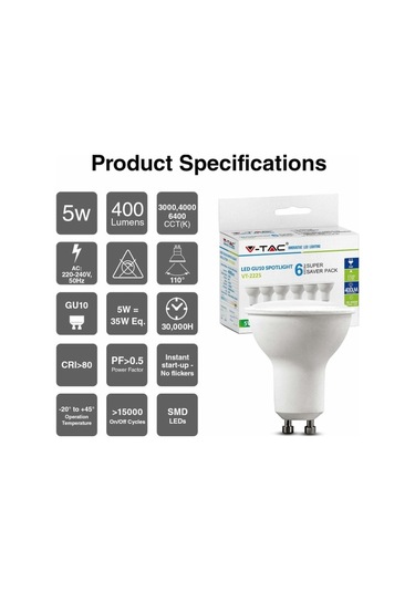 6'lı Gu10 Led Ampul Paketi 5 W, Sıcak Beyaz 4000 K Yüksek Parlaklık
