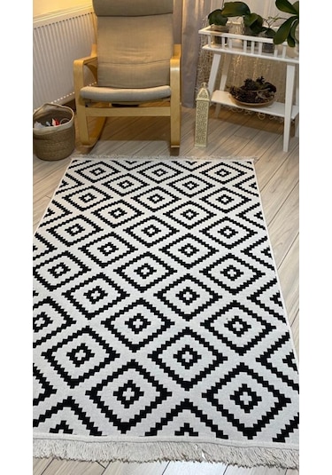 Kilim Çift Taraflı Pamuklu Dokuma Modern Kilim Siyah Beyaz Kilim