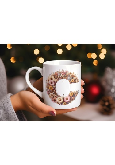 C Harfi Çiçek Desenli Kupa Bardak - Alfabe Harfleri İle Doğal Çiçekli Kupa - Hediye Fikir Beyaz