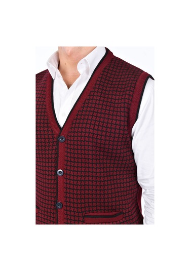 Kamalı Bordo Erkek Çelik Örgü Düğmeli Cepli Kazayağı Desen Tüylenmeyen Triko Kışlık Kazak Yelek Bordo