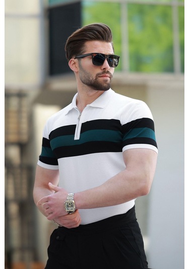 Madmext Beyaz Fermuarlı Polo Yaka Çizgili Erkek Tişört E7406 Beyaz