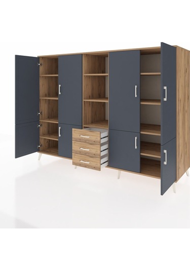 Kronos Dolap 11 Raflı 3 Çekmeceli 8 Kapaklı 220x59x163 Çam-antras Çam-antrasit/çam