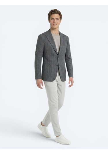 Kip Petrol Çizgili Modern Fit Keten Karışımlı Ceket
