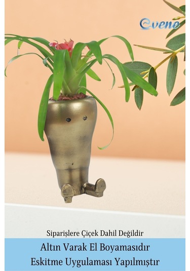 Saksı Çiçek Kaktüs Saksısı Lüx 13,5 Cm Gümüş Eskitme Varak Boyalı Havuç Desen Saksı Çiçeklik - Altın Eskitme