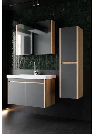Karen Banyo Dallas 80 Cm Lavabolu, Aynalı Banyo Dolabı, Lavabo Dahil, Boy Dolabı Dahil, S.meşe-Antrasit Antrasit