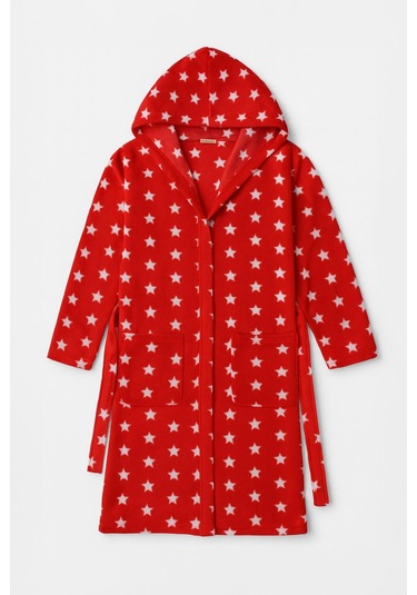 Kadın Kapüşonlu Yıldız Desenli Polar Sabahlık Kırmızı