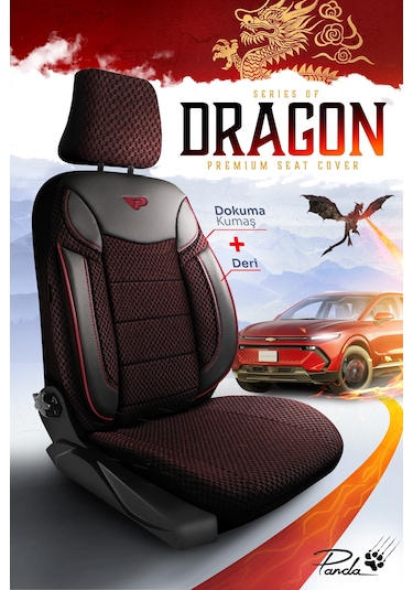 Bordo - Siyah Panda Dragon Serisi Dokuma Kumaş Oto Koltuk Kılıfı - Tam Set