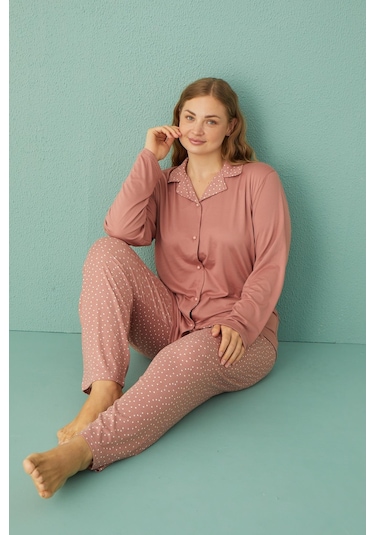 Gd Goldoremi 50851-9 Büyük Beden Kadın Puantiyeli Önden Düğmeli Pijama Takım 001