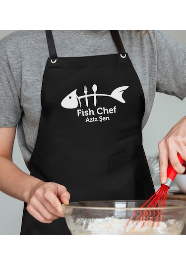 Bk Gift Kişiye Özel Balık Şef Siyah Profosyonel Önlük - 1, Aşçı Önlüğü, Şef Önlüğü, Babaya