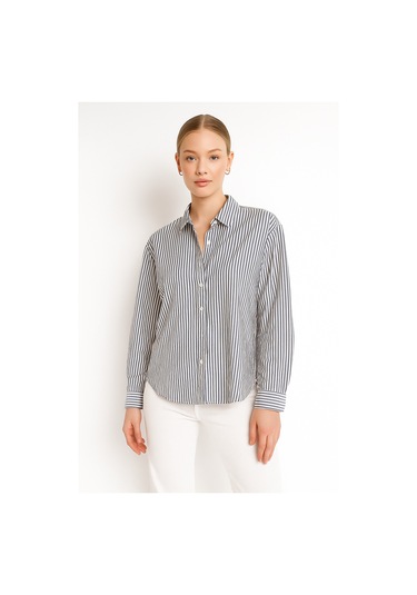 Kadın Çizgili Oversize Gömlek Antrasit Beyaz Pamuk Gömlek Antrasit