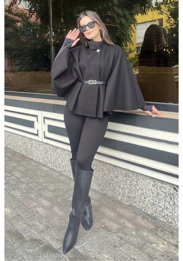 Butik Siyah Kemerli Kaşe Panço