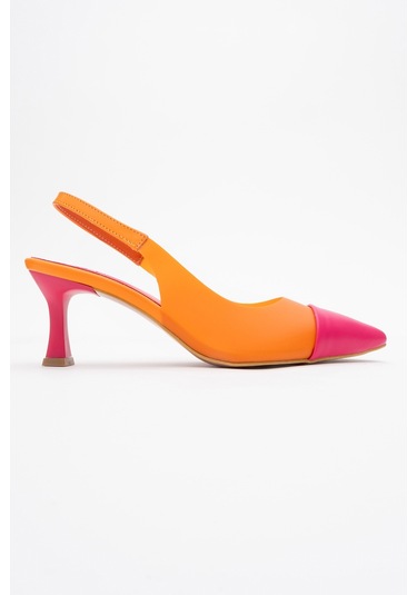 Moore Turuncu Fuşya Şeffaf Arkası Açık Sivri Burun Kadın Topuklu Ayakkabı Turuncu