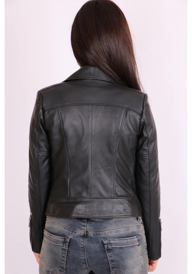 Siyah Hakiki Deri Yakalı Asimetrik Fermuarlı Spor Kısa Mont